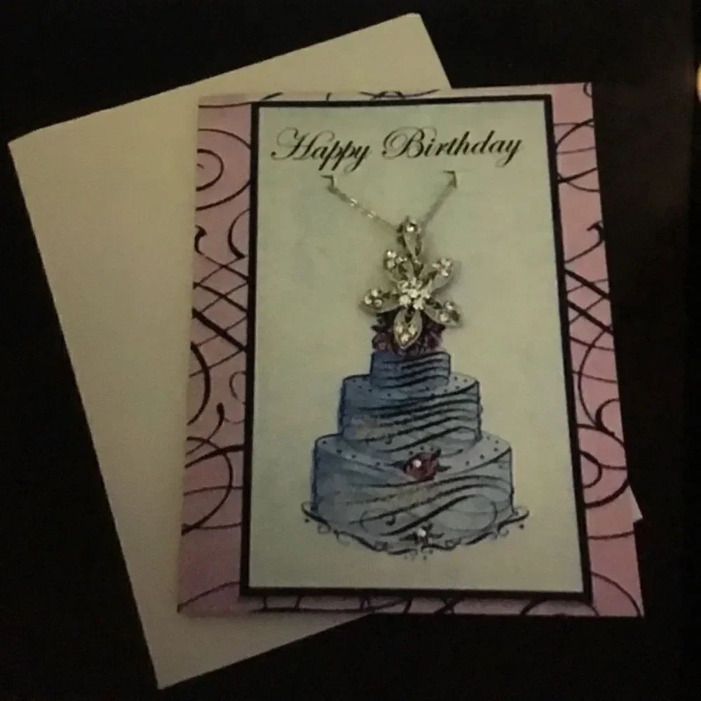 Happy Birthday Card & Silver CZ Flower Necklace